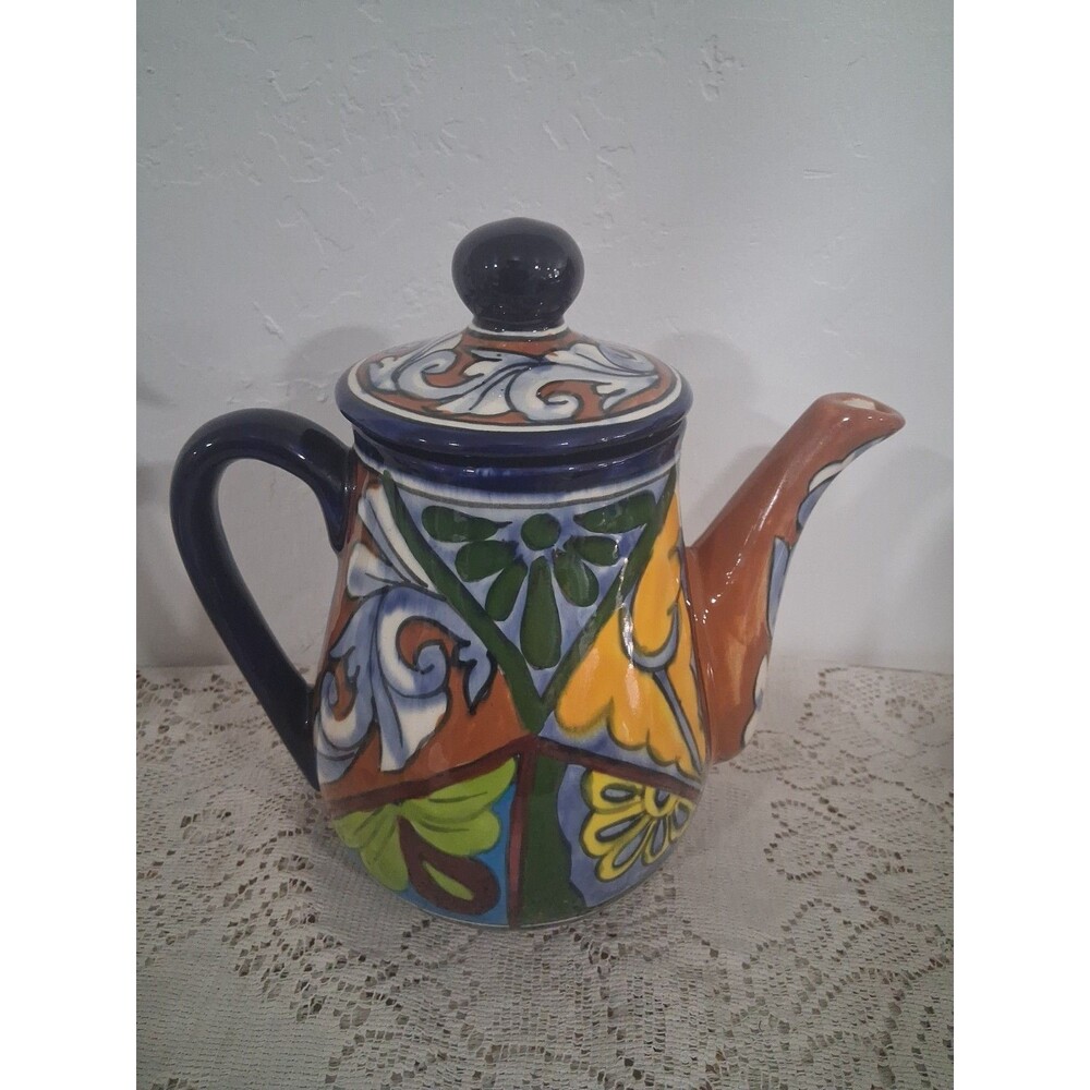 Vtg Traditional Hand Painted Signed Mexican Talavera Pottery Tea Coffee Pot